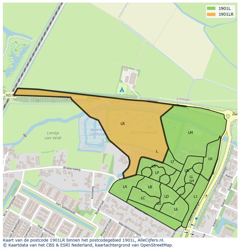 Afbeelding van het postcodegebied 1901 LR op de kaart.