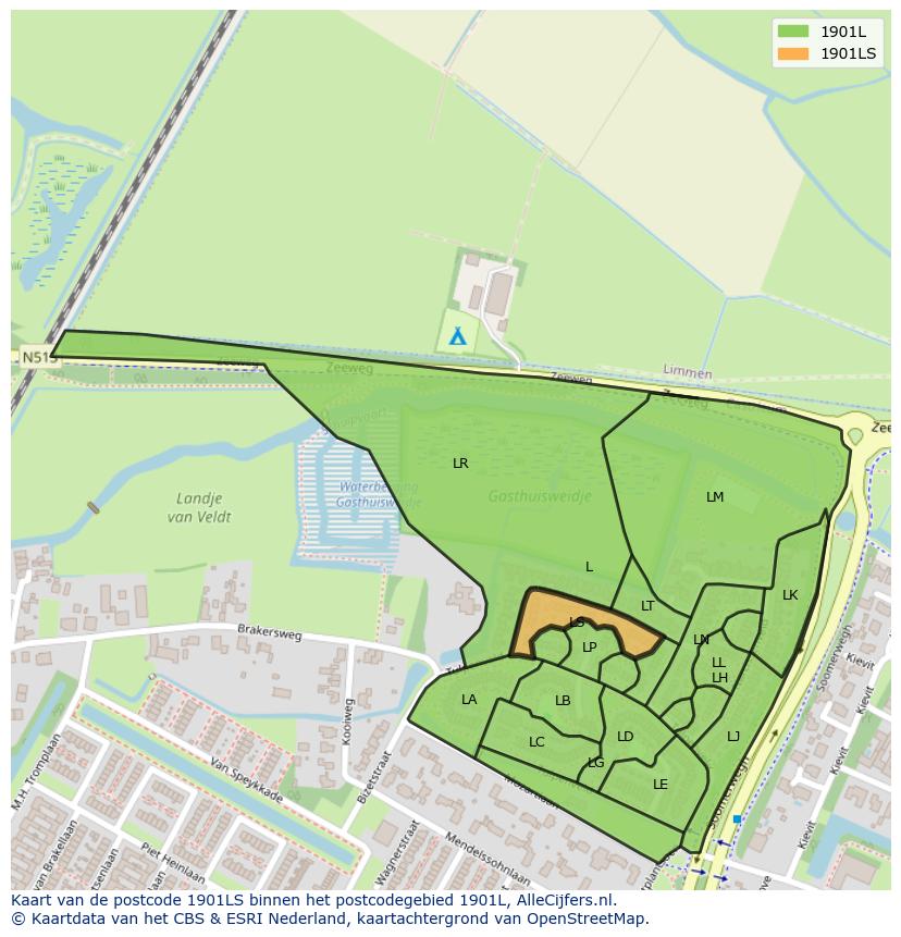 Afbeelding van het postcodegebied 1901 LS op de kaart.