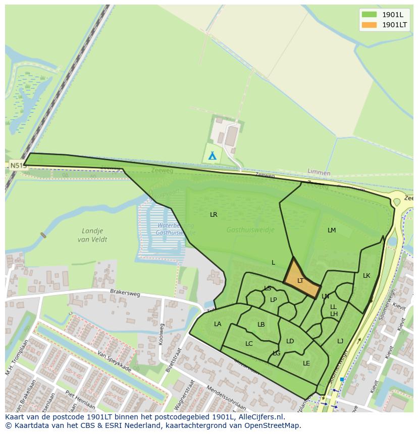 Afbeelding van het postcodegebied 1901 LT op de kaart.
