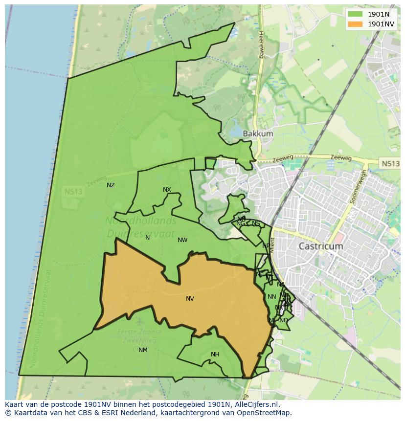 Afbeelding van het postcodegebied 1901 NV op de kaart.