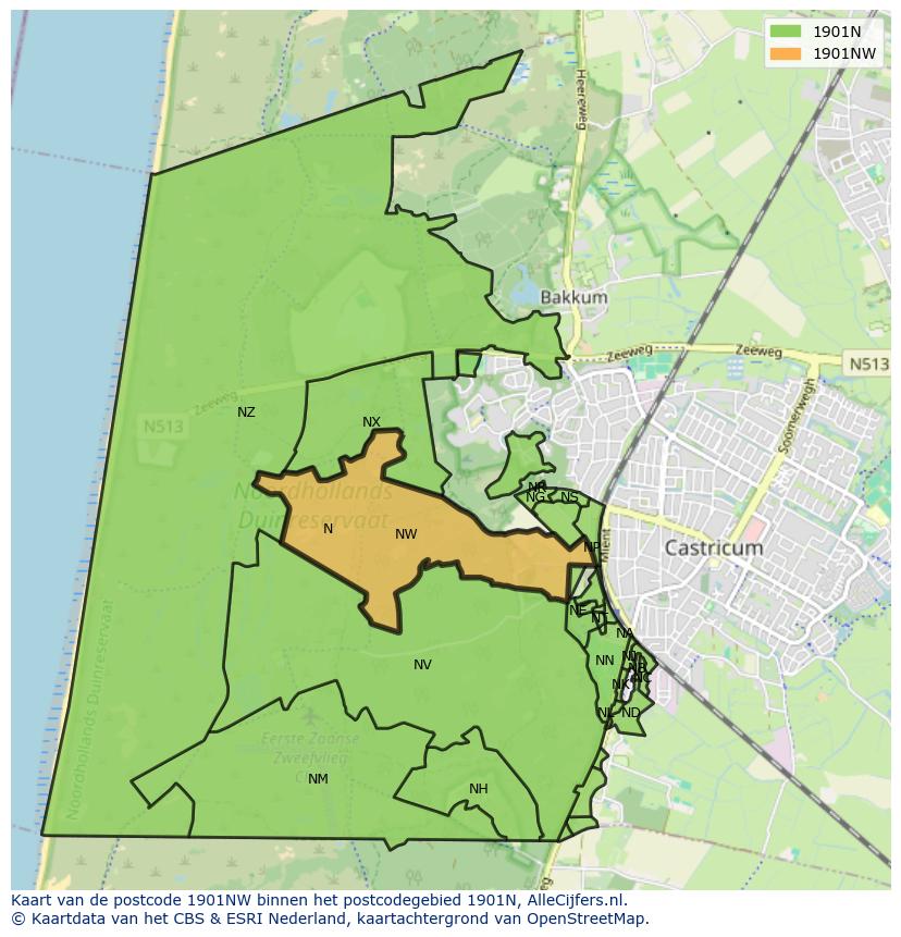 Afbeelding van het postcodegebied 1901 NW op de kaart.