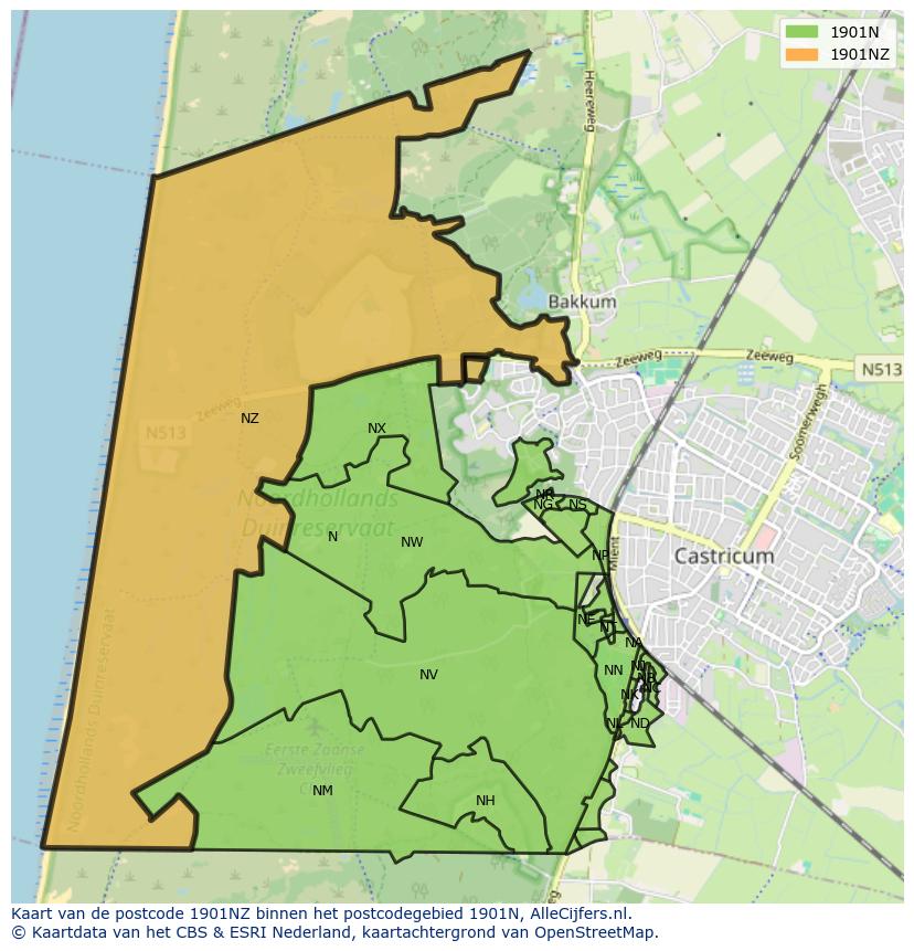 Afbeelding van het postcodegebied 1901 NZ op de kaart.