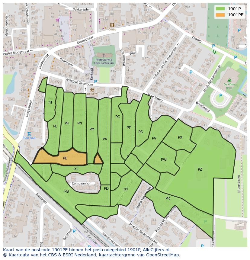 Afbeelding van het postcodegebied 1901 PE op de kaart.