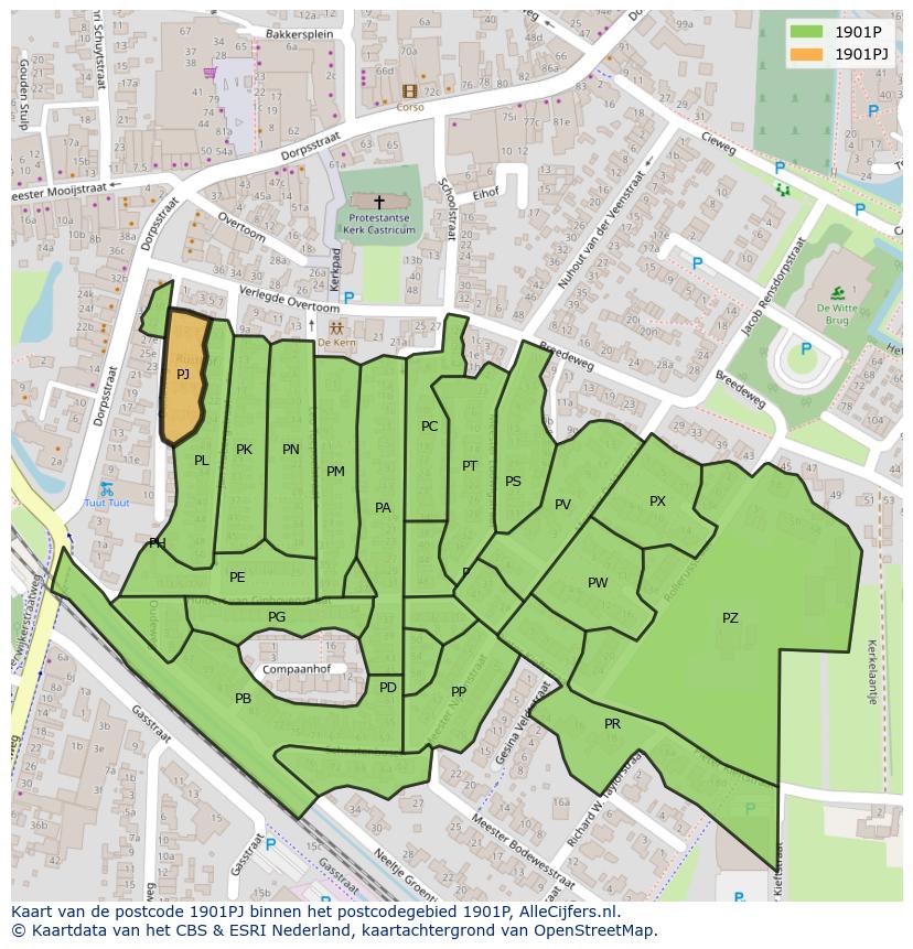 Afbeelding van het postcodegebied 1901 PJ op de kaart.