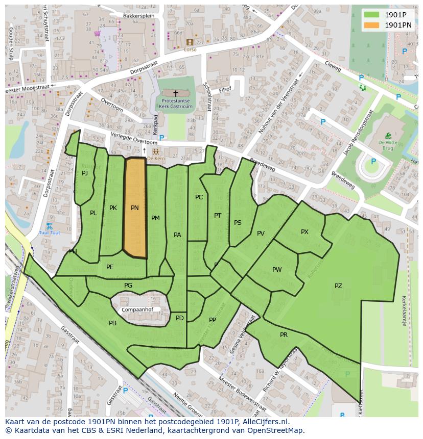 Afbeelding van het postcodegebied 1901 PN op de kaart.
