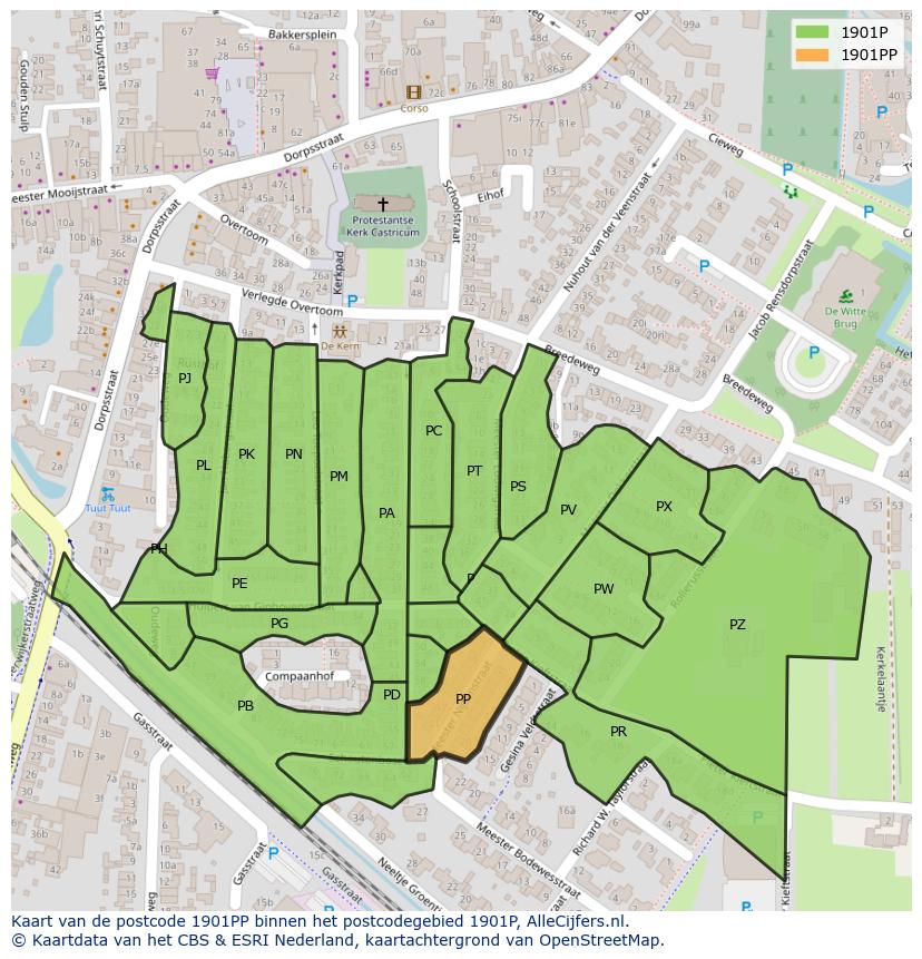 Afbeelding van het postcodegebied 1901 PP op de kaart.