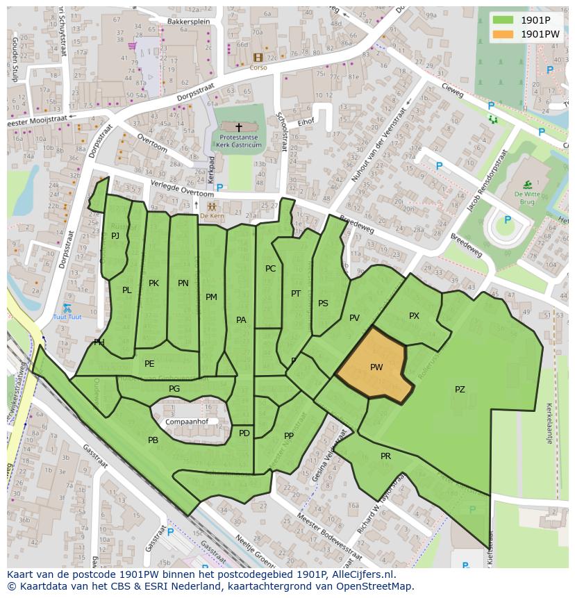 Afbeelding van het postcodegebied 1901 PW op de kaart.