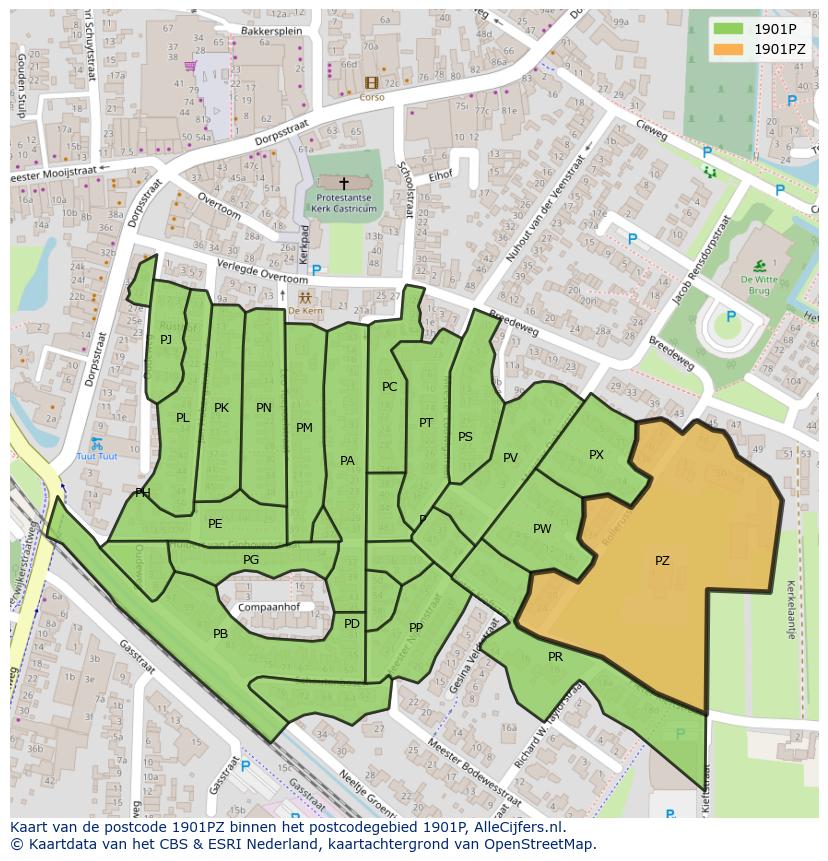 Afbeelding van het postcodegebied 1901 PZ op de kaart.