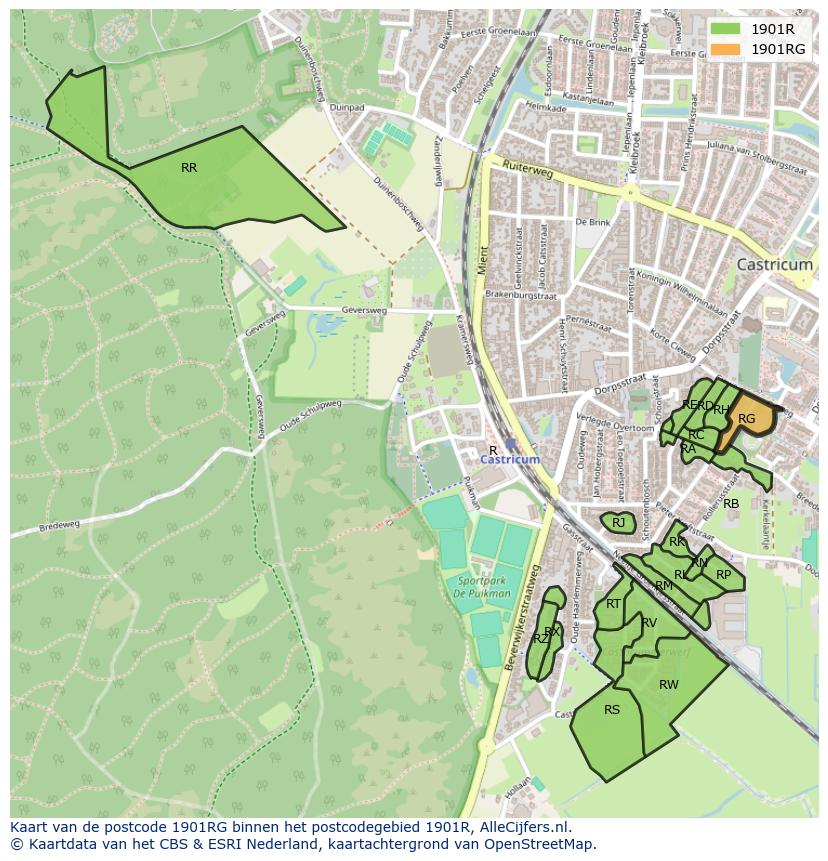 Afbeelding van het postcodegebied 1901 RG op de kaart.