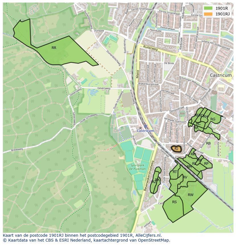 Afbeelding van het postcodegebied 1901 RJ op de kaart.