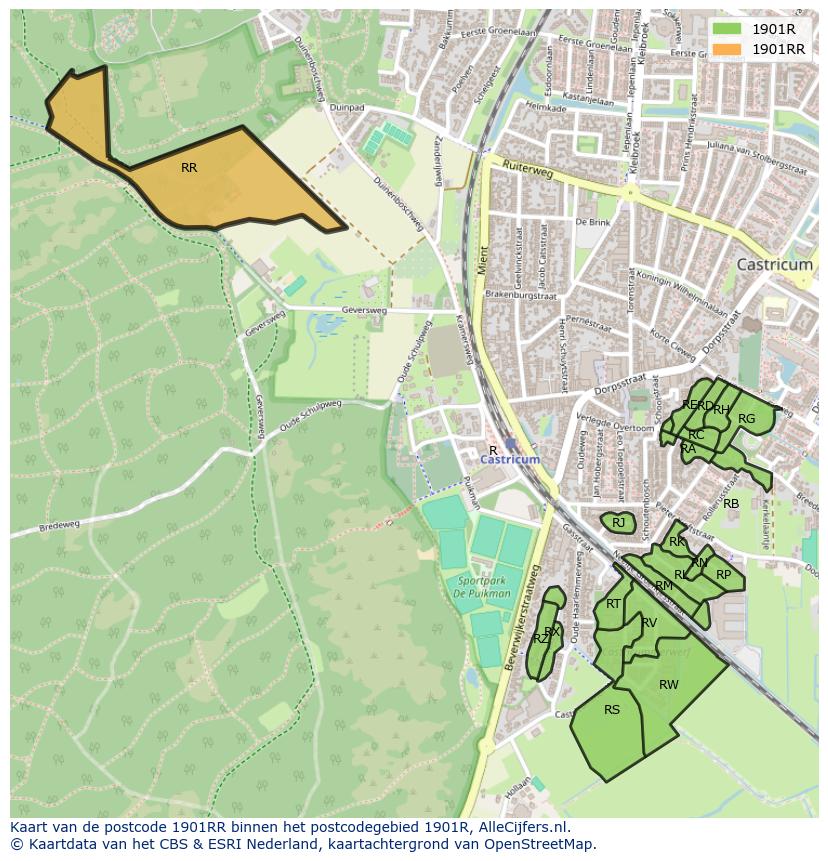 Afbeelding van het postcodegebied 1901 RR op de kaart.
