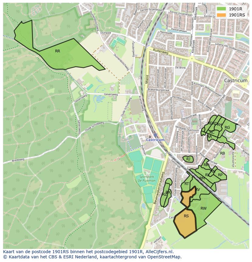 Afbeelding van het postcodegebied 1901 RS op de kaart.
