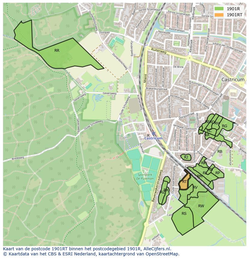 Afbeelding van het postcodegebied 1901 RT op de kaart.