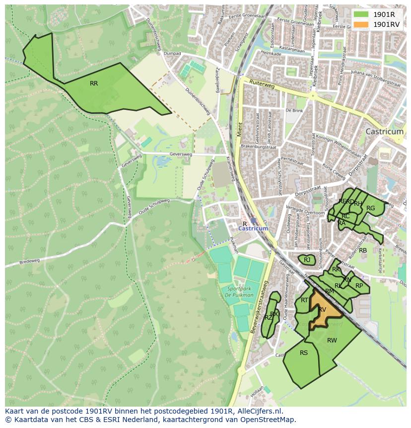 Afbeelding van het postcodegebied 1901 RV op de kaart.