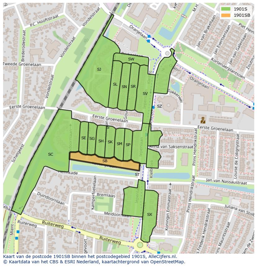 Afbeelding van het postcodegebied 1901 SB op de kaart.