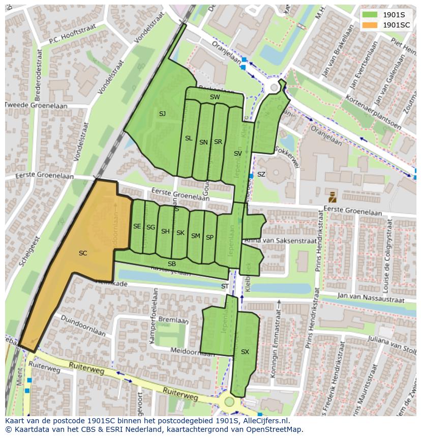 Afbeelding van het postcodegebied 1901 SC op de kaart.