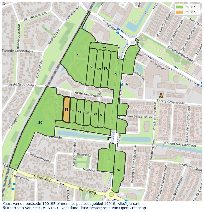 Afbeelding van het postcodegebied 1901 SE op de kaart.
