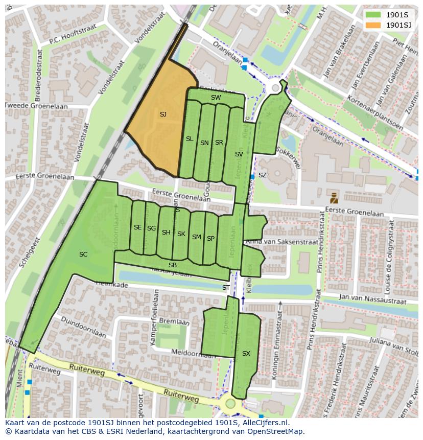 Afbeelding van het postcodegebied 1901 SJ op de kaart.