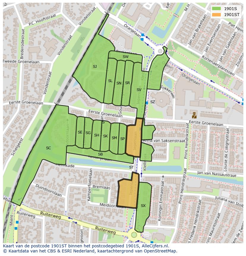 Afbeelding van het postcodegebied 1901 ST op de kaart.