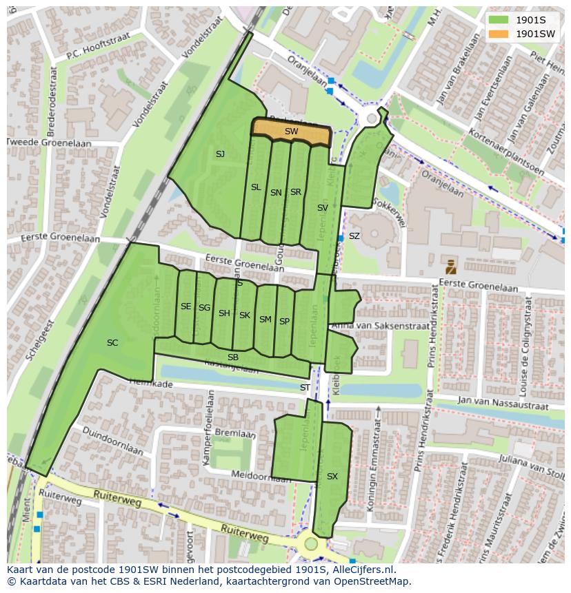 Afbeelding van het postcodegebied 1901 SW op de kaart.