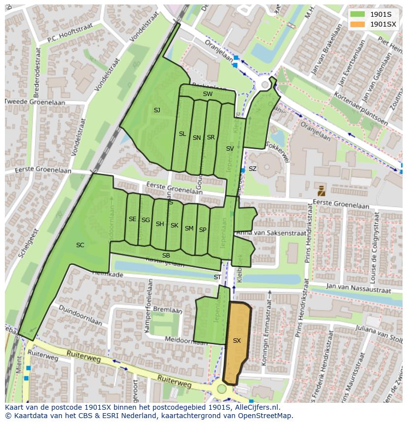Afbeelding van het postcodegebied 1901 SX op de kaart.