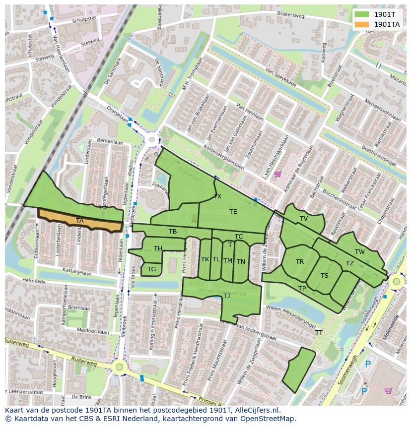 Afbeelding van het postcodegebied 1901 TA op de kaart.