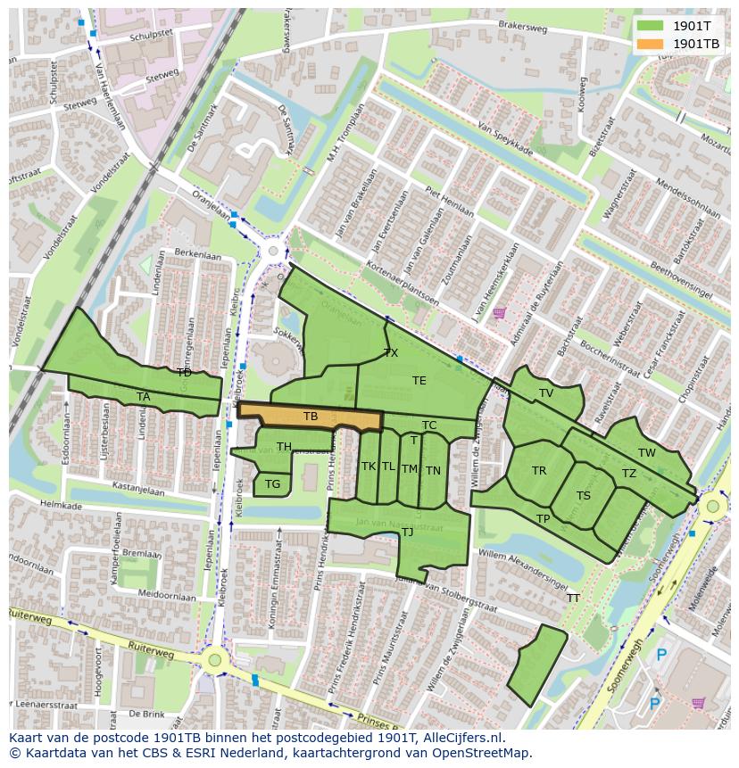 Afbeelding van het postcodegebied 1901 TB op de kaart.