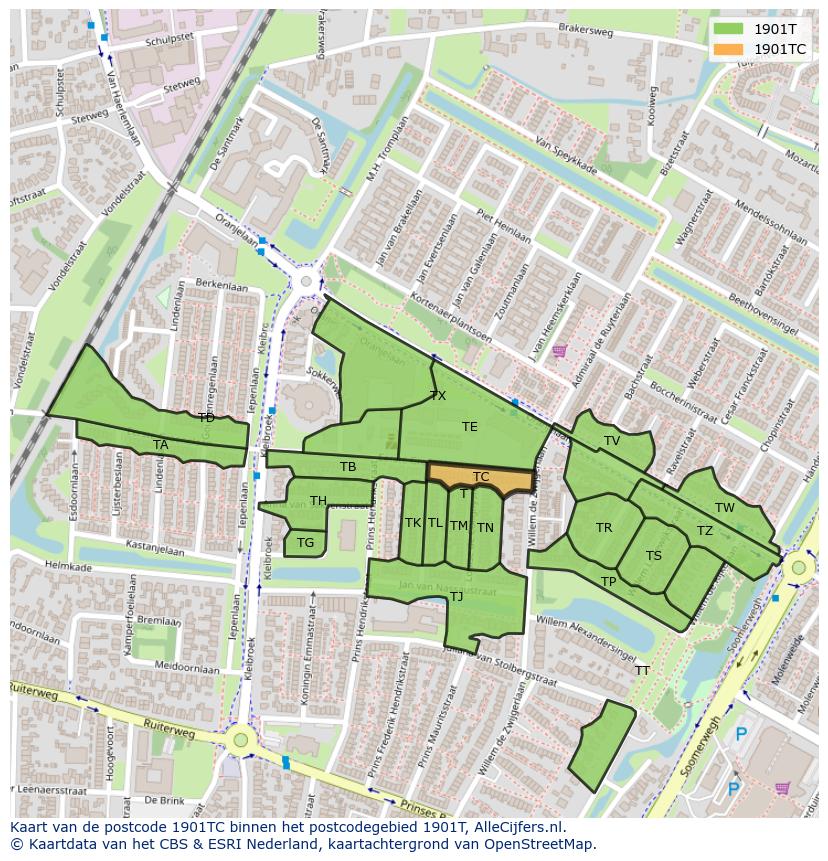 Afbeelding van het postcodegebied 1901 TC op de kaart.