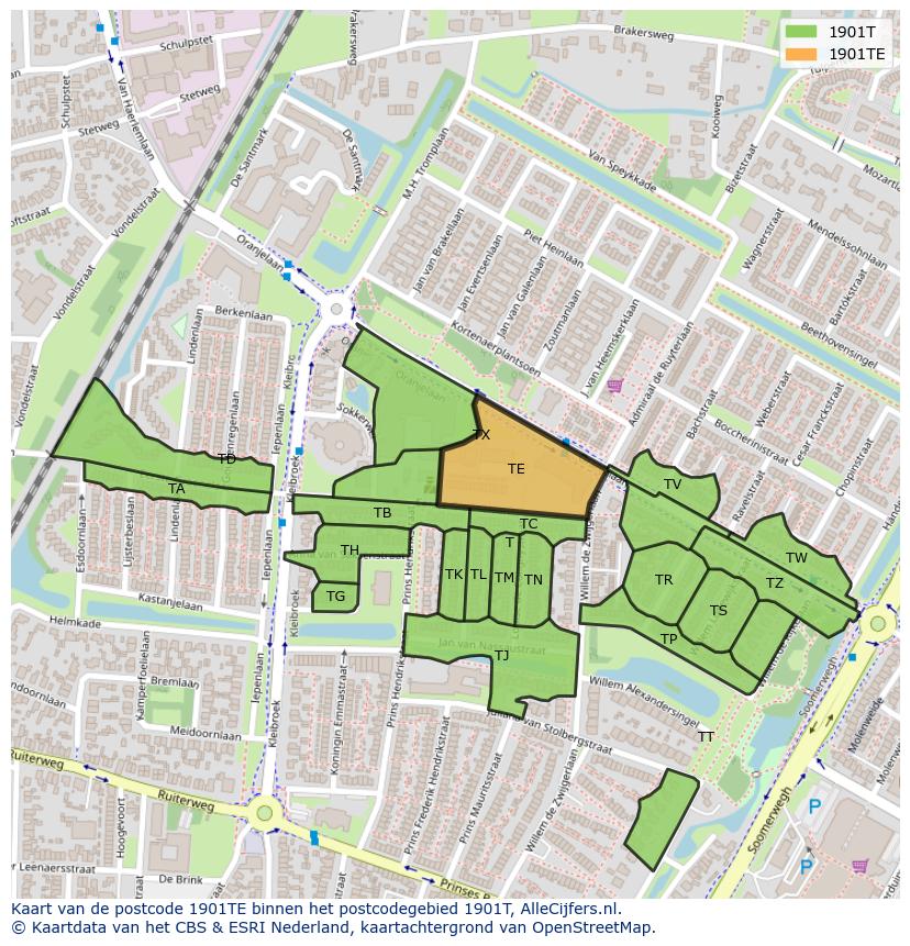 Afbeelding van het postcodegebied 1901 TE op de kaart.