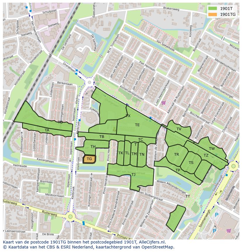 Afbeelding van het postcodegebied 1901 TG op de kaart.