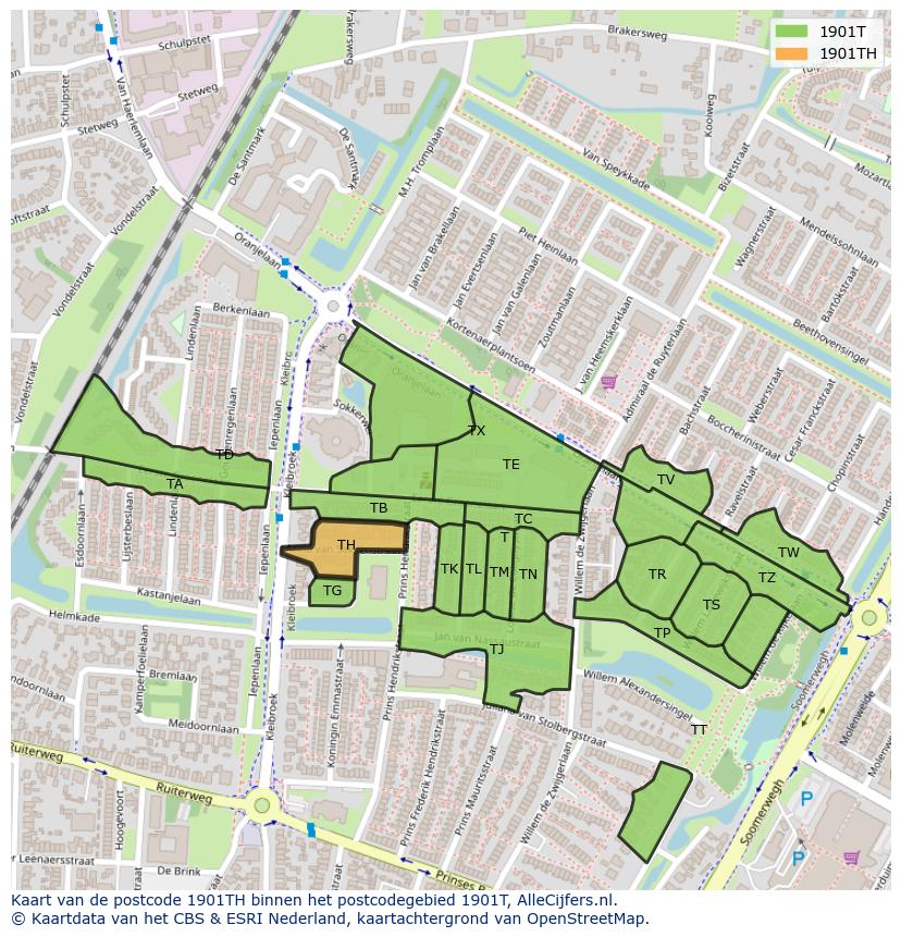 Afbeelding van het postcodegebied 1901 TH op de kaart.