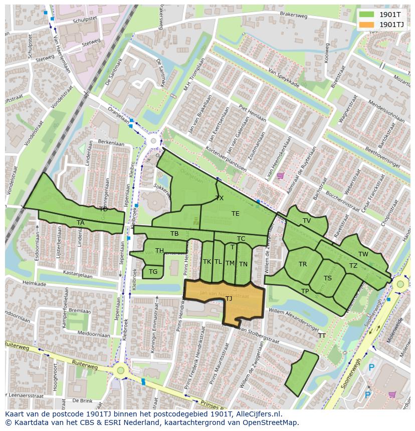 Afbeelding van het postcodegebied 1901 TJ op de kaart.