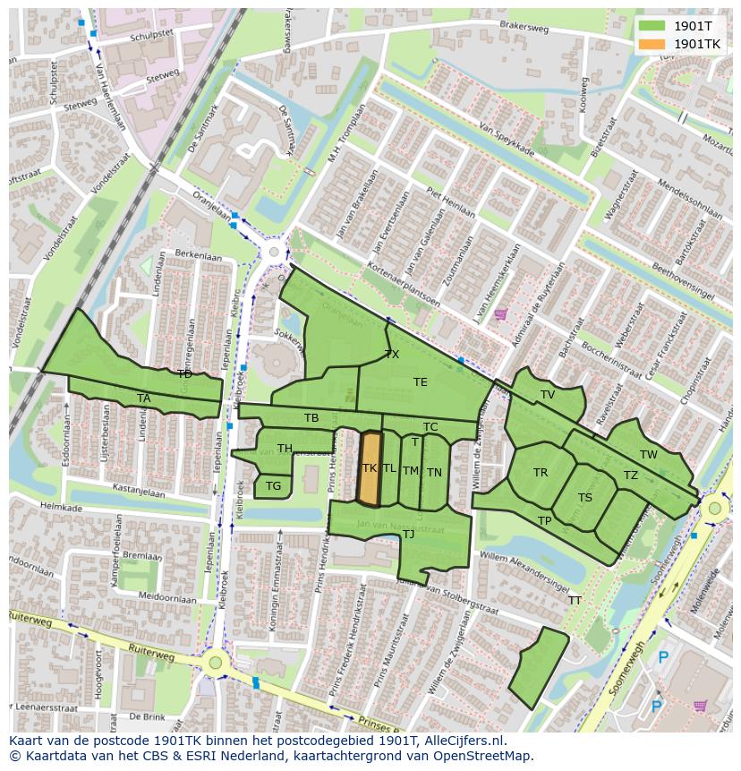 Afbeelding van het postcodegebied 1901 TK op de kaart.