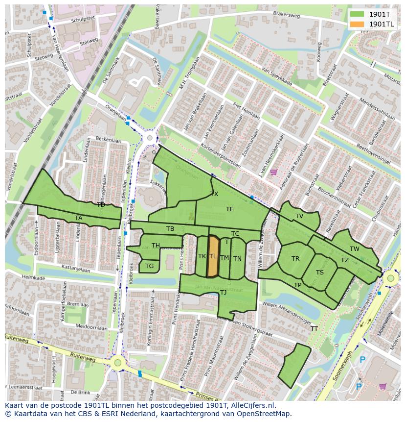 Afbeelding van het postcodegebied 1901 TL op de kaart.