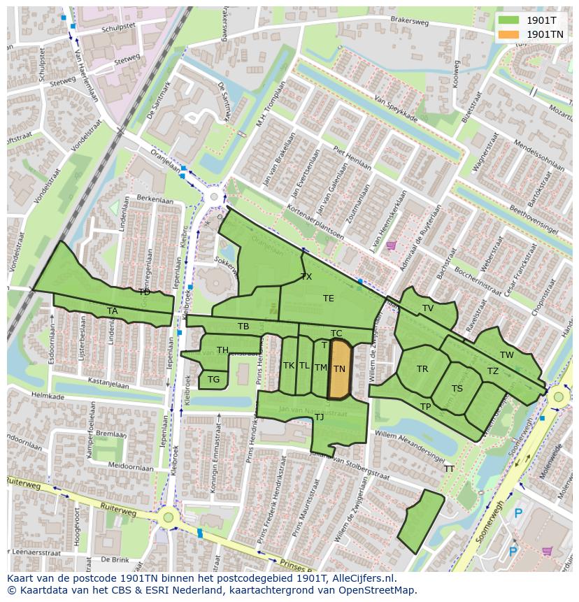 Afbeelding van het postcodegebied 1901 TN op de kaart.