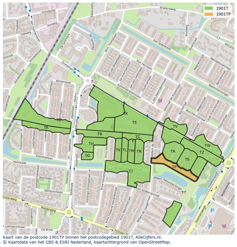 Afbeelding van het postcodegebied 1901 TP op de kaart.