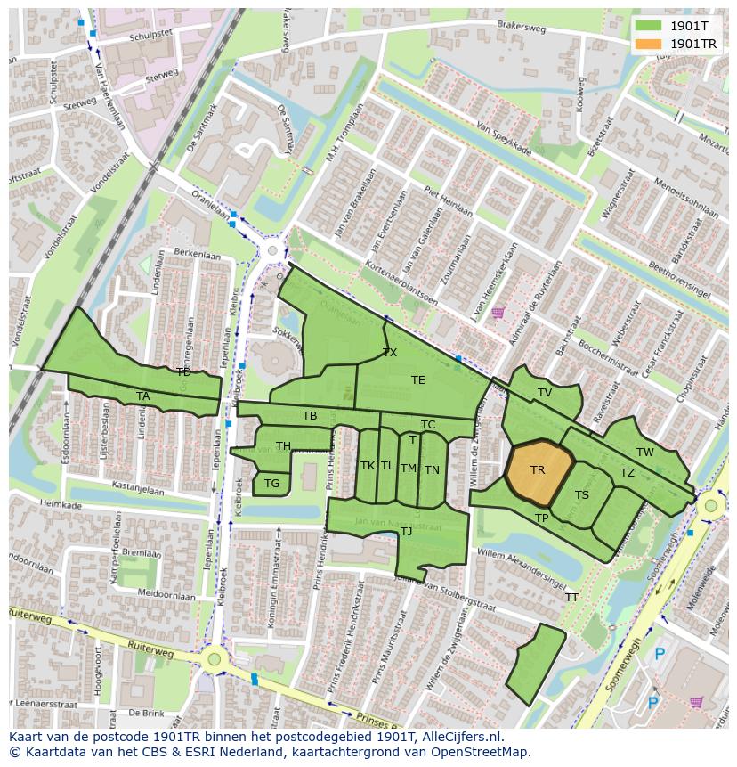 Afbeelding van het postcodegebied 1901 TR op de kaart.