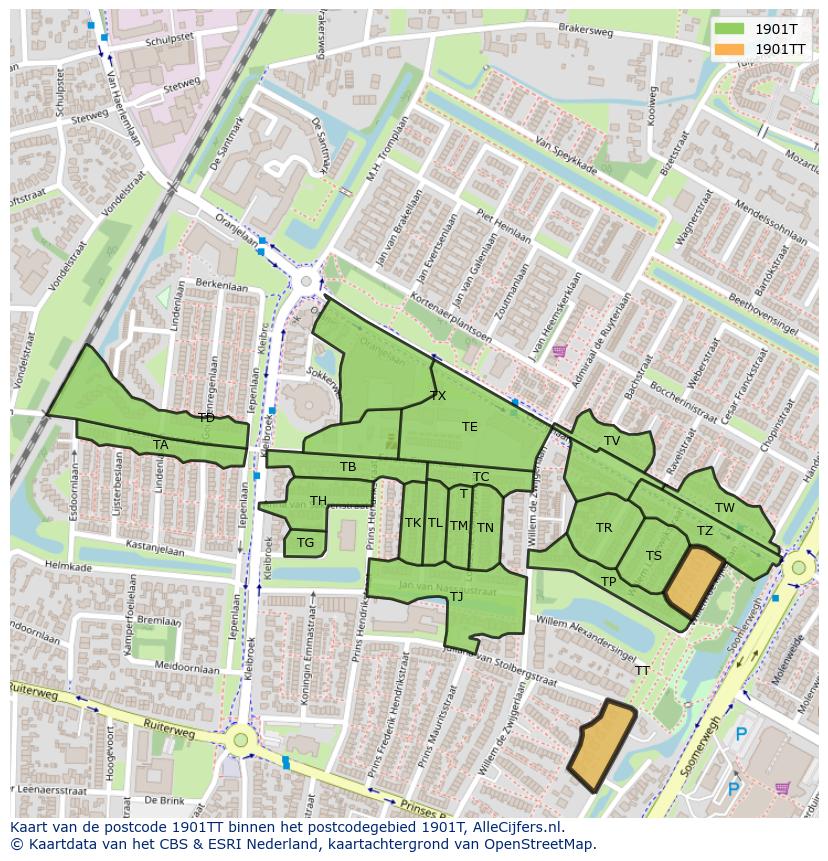 Afbeelding van het postcodegebied 1901 TT op de kaart.
