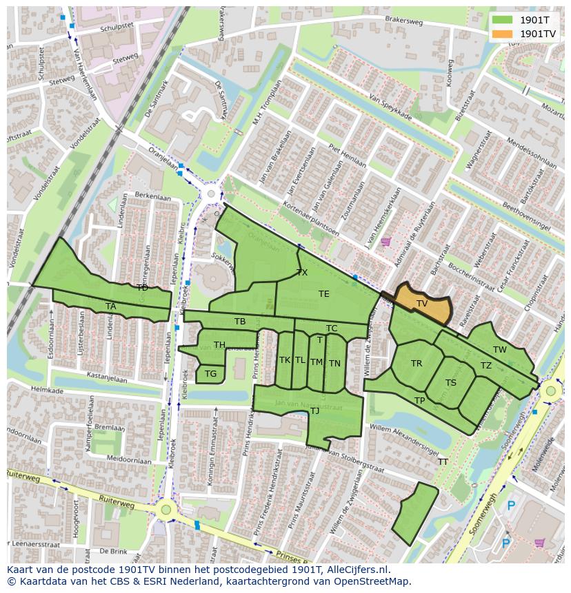 Afbeelding van het postcodegebied 1901 TV op de kaart.