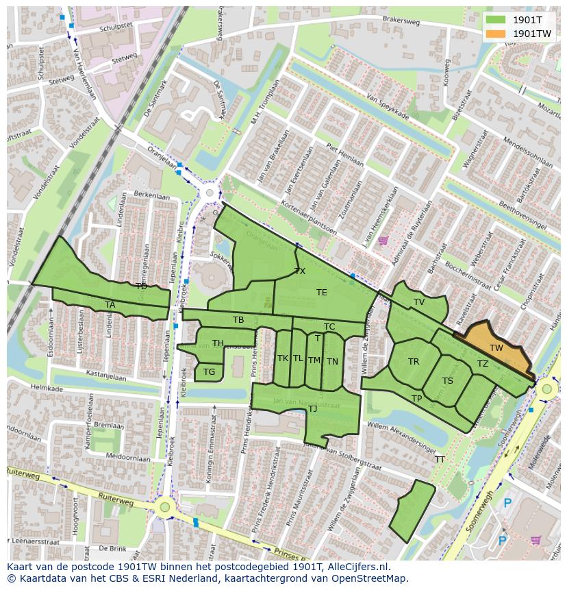 Afbeelding van het postcodegebied 1901 TW op de kaart.