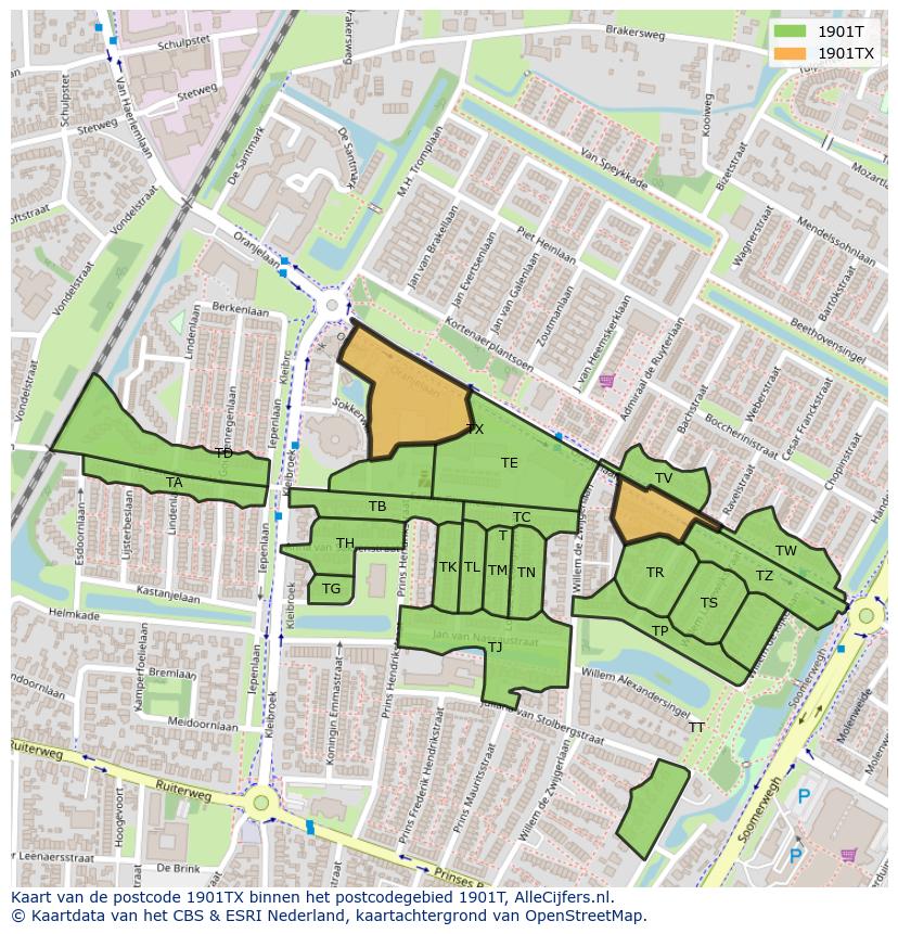 Afbeelding van het postcodegebied 1901 TX op de kaart.
