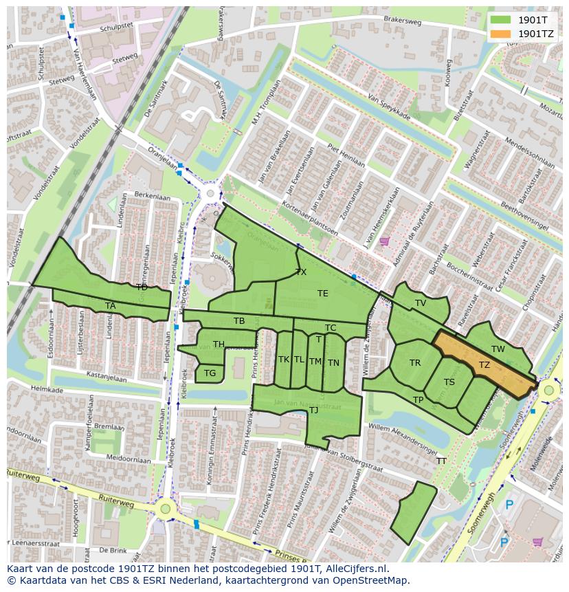 Afbeelding van het postcodegebied 1901 TZ op de kaart.