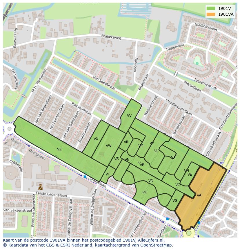 Afbeelding van het postcodegebied 1901 VA op de kaart.