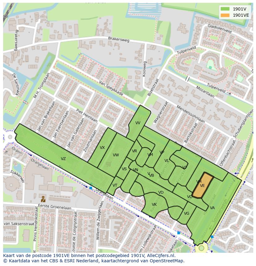 Afbeelding van het postcodegebied 1901 VE op de kaart.