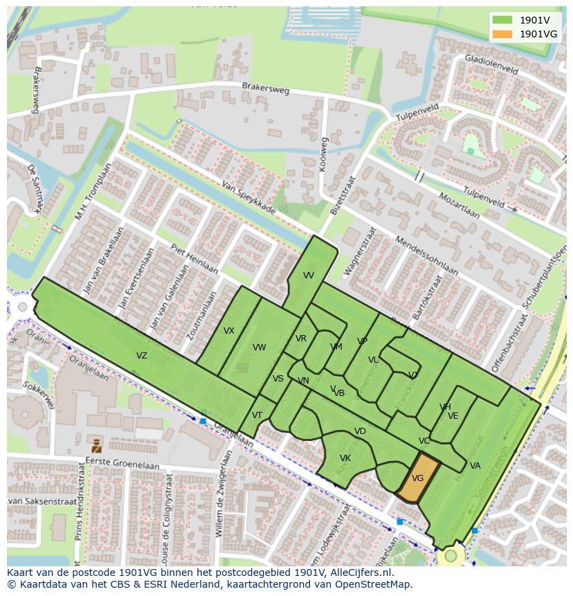 Afbeelding van het postcodegebied 1901 VG op de kaart.