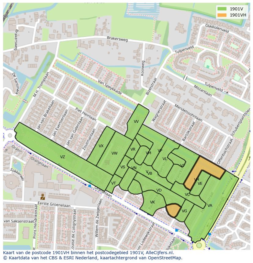 Afbeelding van het postcodegebied 1901 VH op de kaart.
