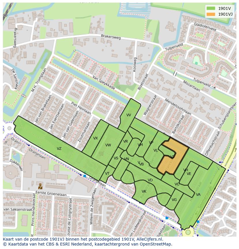 Afbeelding van het postcodegebied 1901 VJ op de kaart.