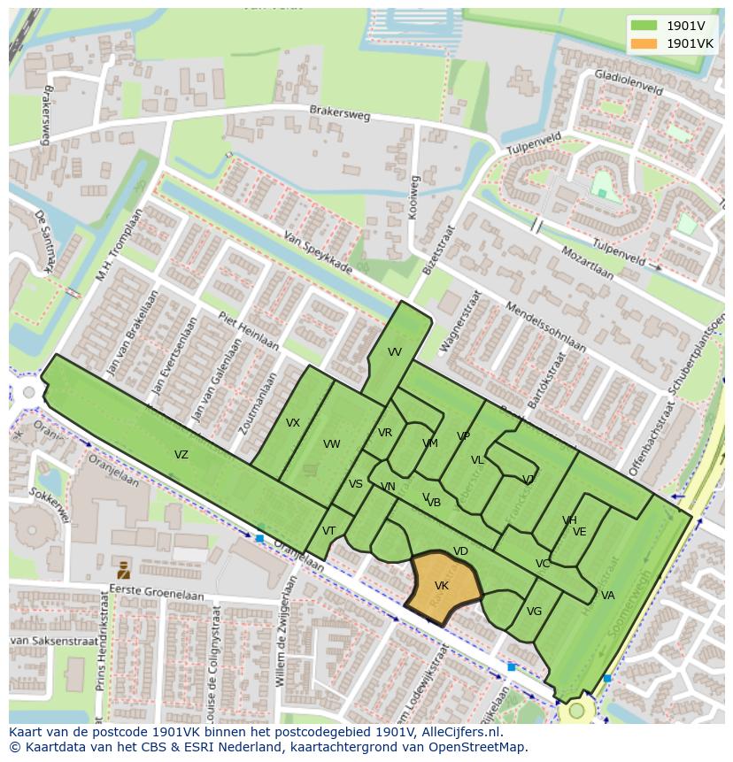 Afbeelding van het postcodegebied 1901 VK op de kaart.