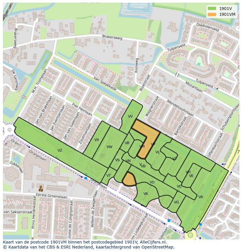 Afbeelding van het postcodegebied 1901 VM op de kaart.