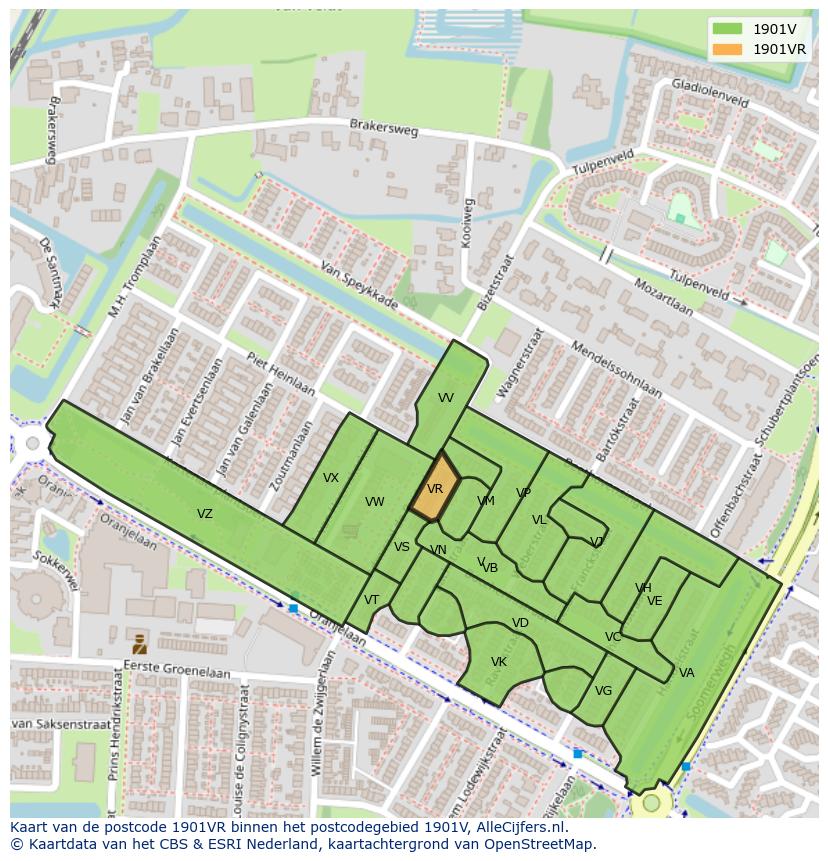 Afbeelding van het postcodegebied 1901 VR op de kaart.